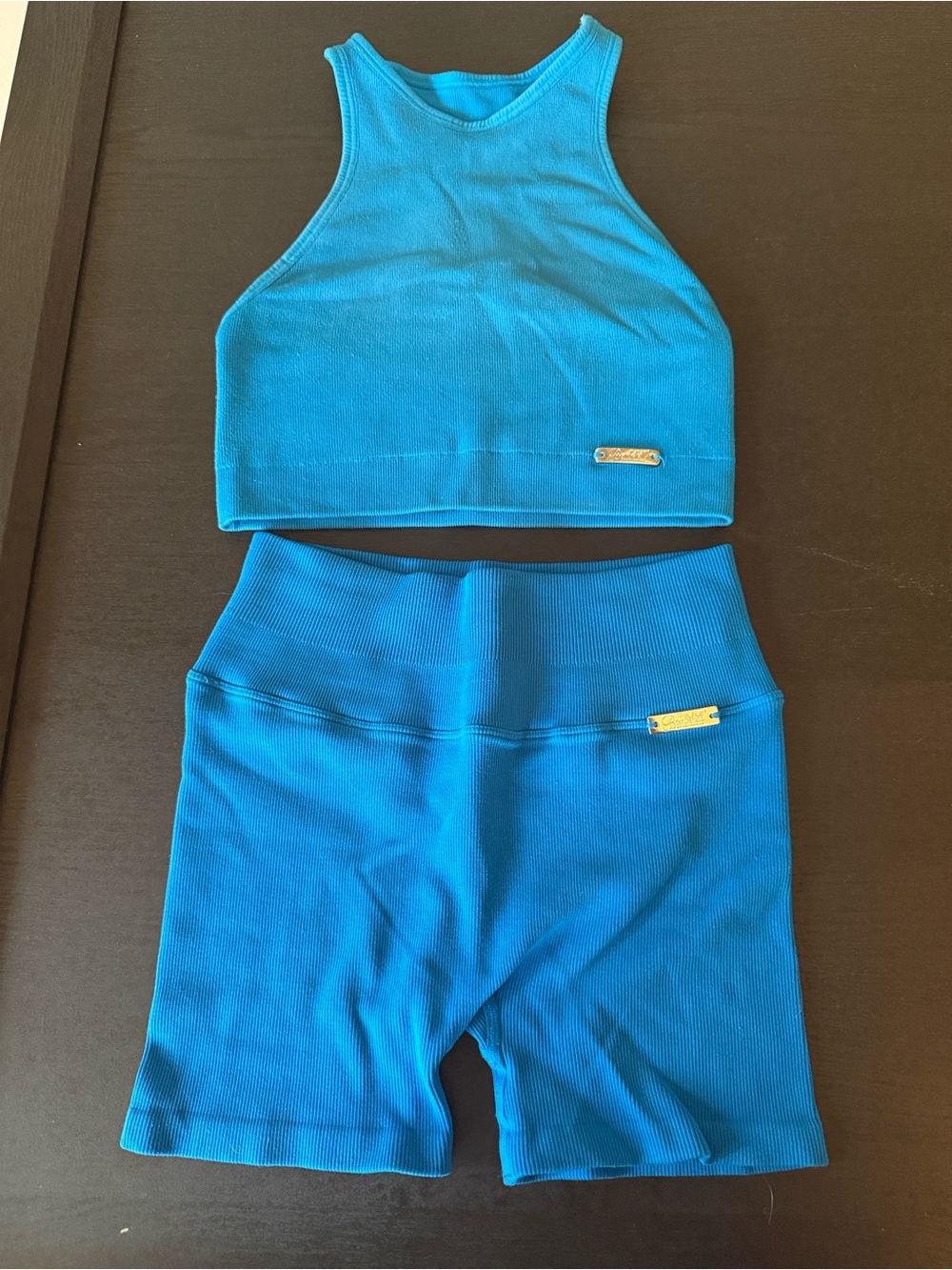 Bombshell Sportswear Teal Blue Ribbed High Neck Sports Bra and Bike Shorts Set